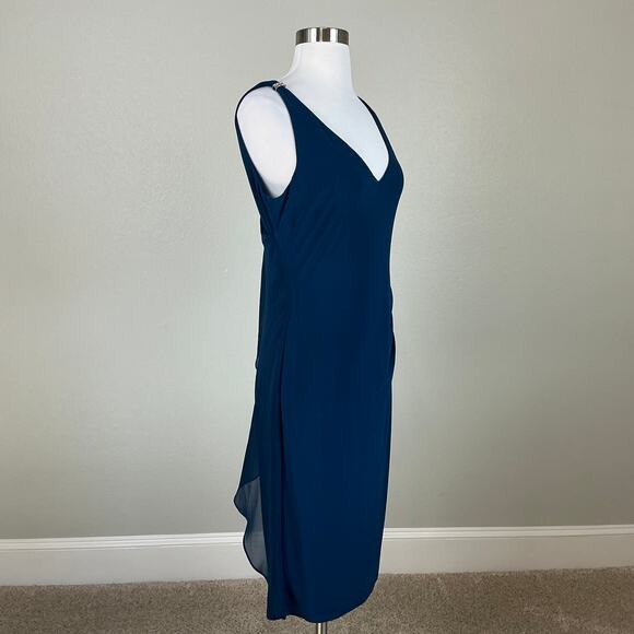 Ralph Lauren Ruffled Beaded Midi Sheath Cocktail Dress Blue Size 8 Draped V-Neck - Picture 4 of 13